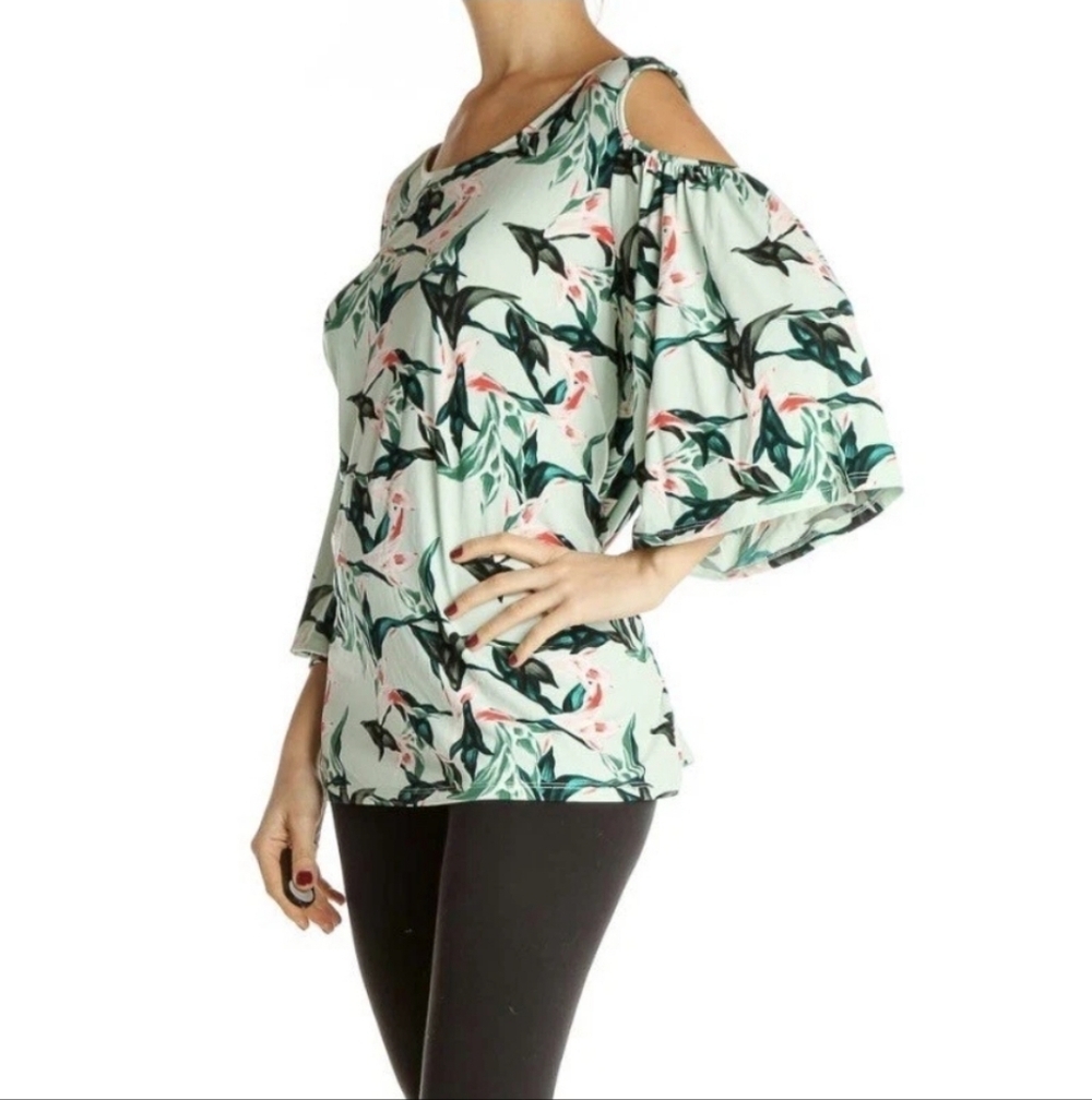 Chaus New York Women's Green Tropical Floral Cold Shoulder Top Blouse Medium